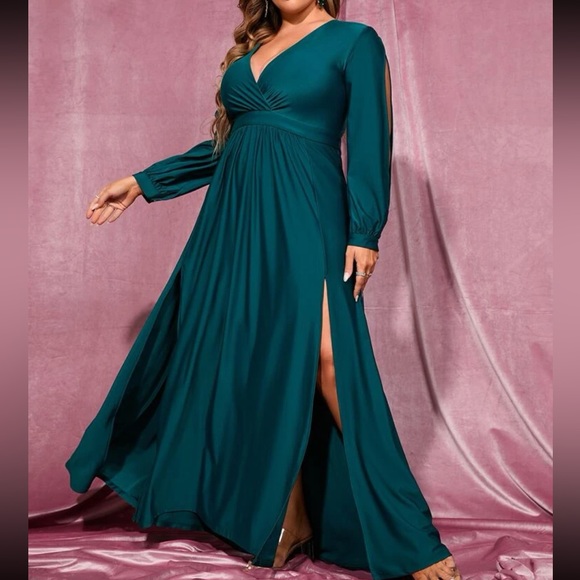 Dresses & Skirts - Luxe plus size bishop sleeve slit thigh party formal evening prom wedding dress